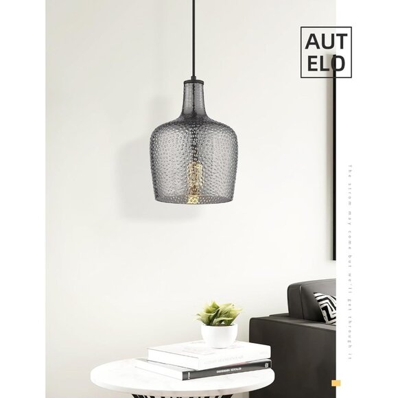 Smoky Gray Hammered Glass Bell Pendant Light | Modern Ceiling Fixture - Picture 5 of 11